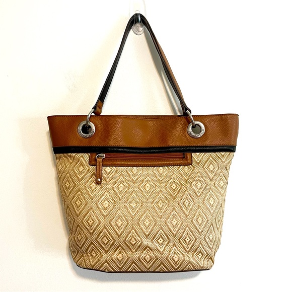 Tignanello Rattan and Faux Leather Diamond Patterned Tote Bag in Beige/Brown - Picture 5 of 9